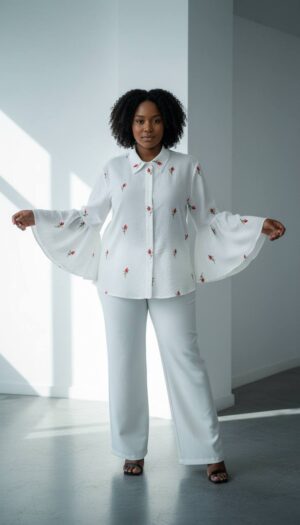 Wholesale Floral Embroidered Bell Sleeve Shirt