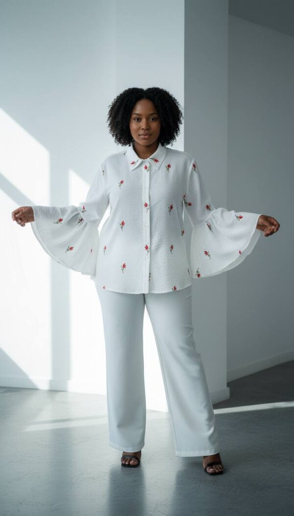 Wholesale Floral Embroidered Bell Sleeve Shirt