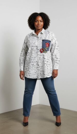 Script Print Tunic with Embroidered Denim Pocket