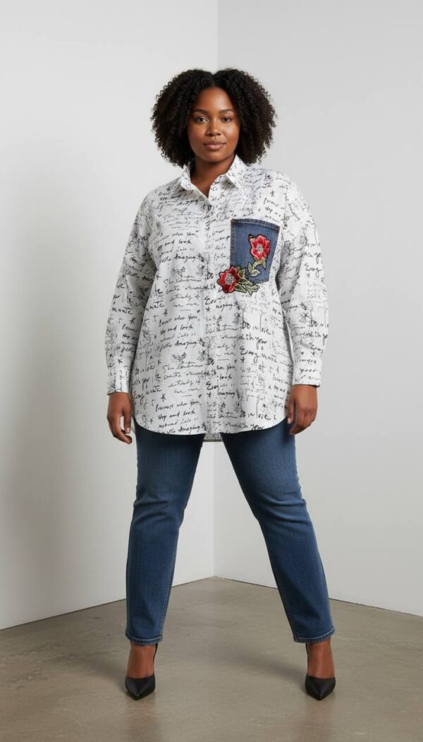 file_3506.jpg Script Print Tunic with Embroidered Denim Pocket