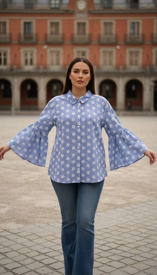 Wholesale Floral Embroidered Bell Sleeve Shirt