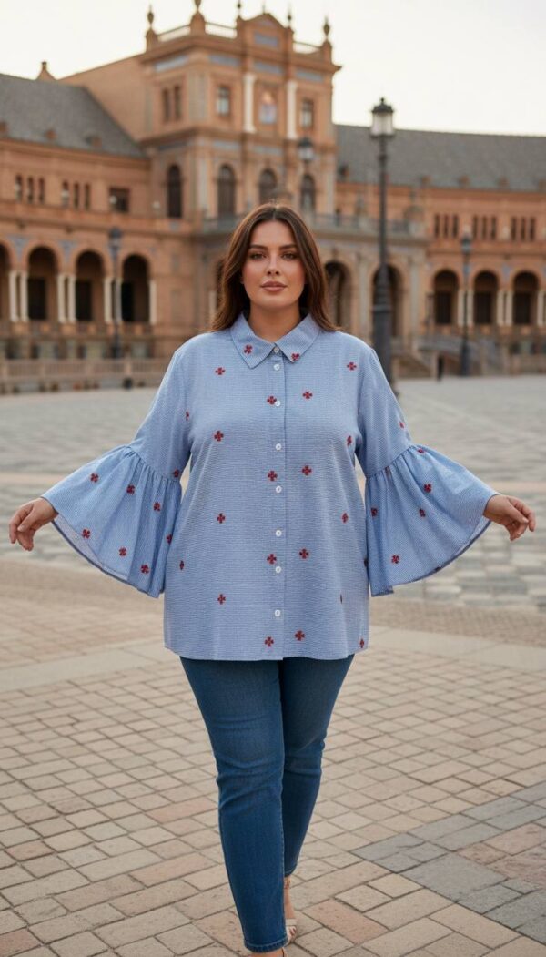 Wholesale Floral Embroidered Bell Sleeve Shirt