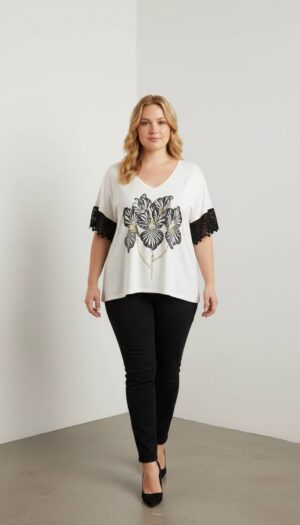 Plus Size Zebra Floral Print Top with Lace Sleeves