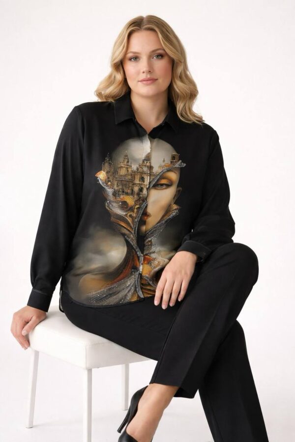 Artistic Graphic Print Button-Up Blouse