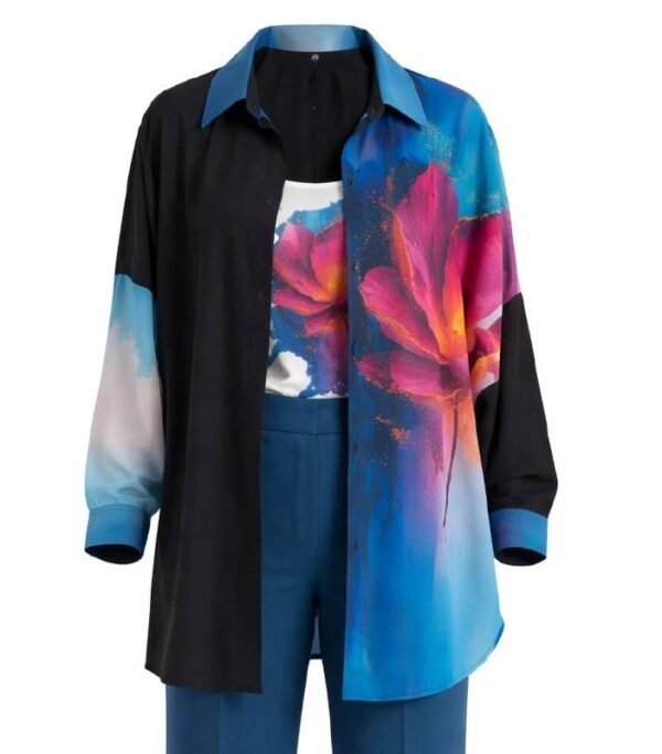 Artistic Floral Print Color-Block Shirt