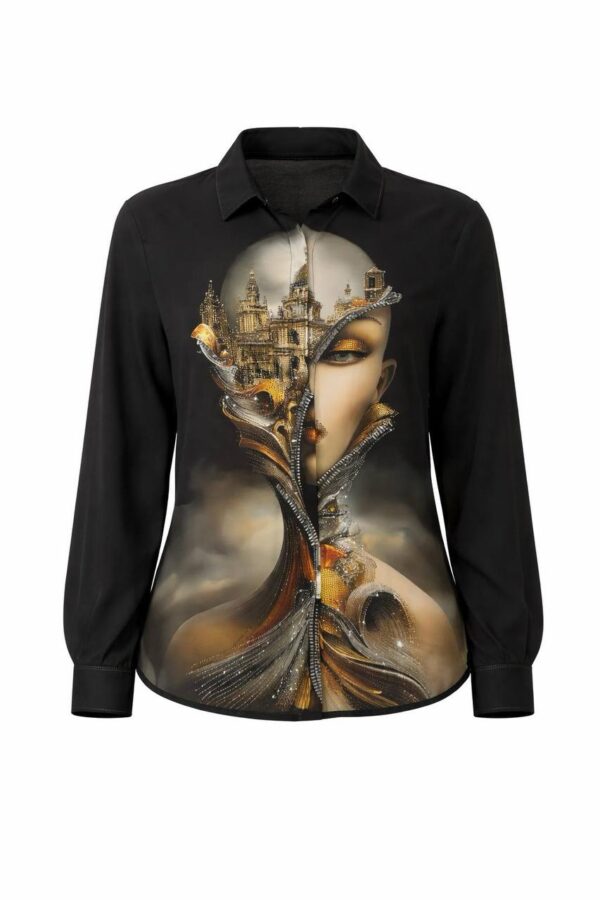 Artistic Graphic Print Button-Up Blouse