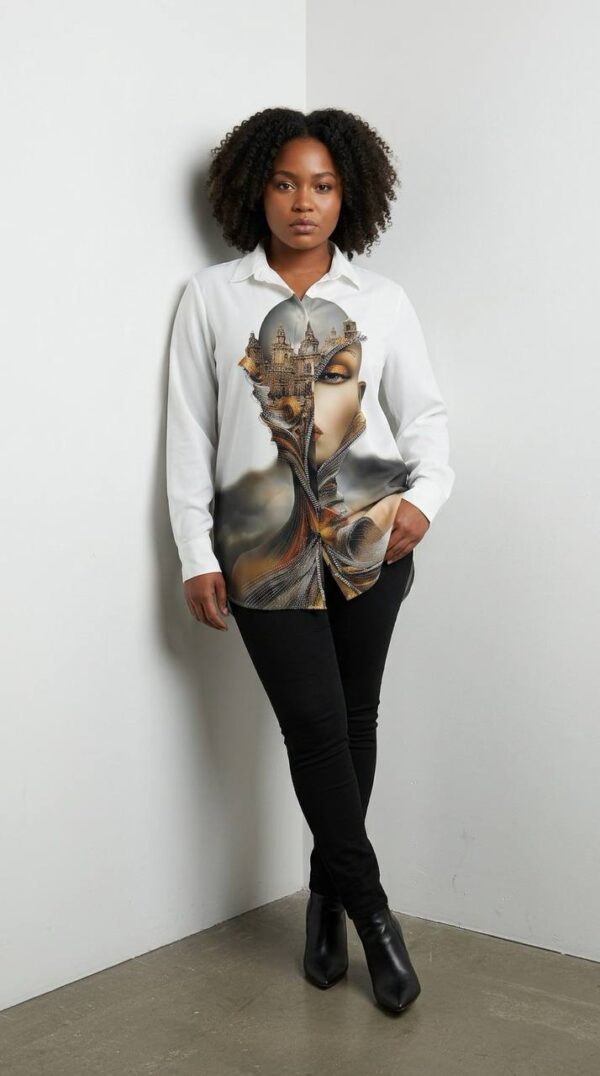 Artistic Graphic Print Button-Up Blouse