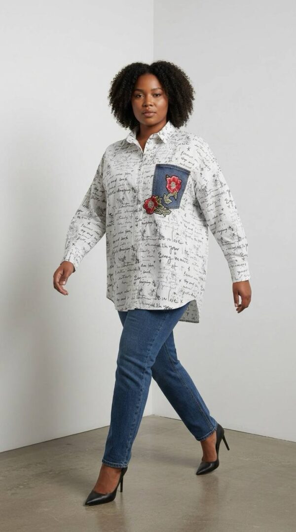 file_3531.jpg Script Print Tunic with Embroidered Denim Pocket