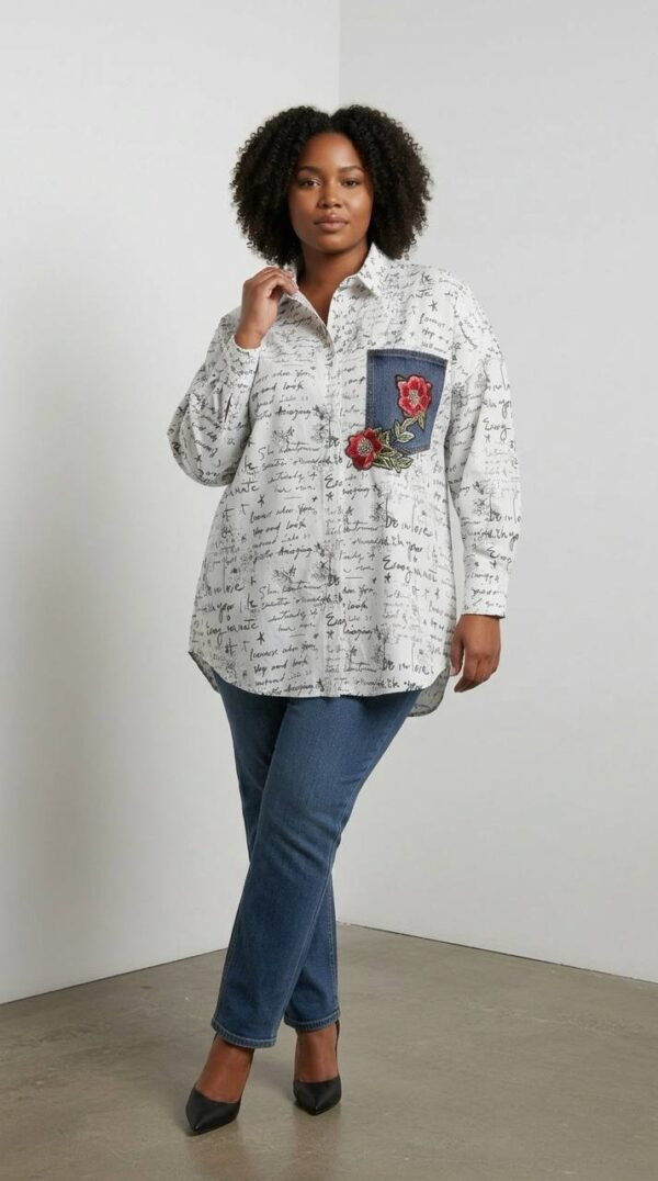 file_3532.jpg Script Print Tunic with Embroidered Denim Pocket