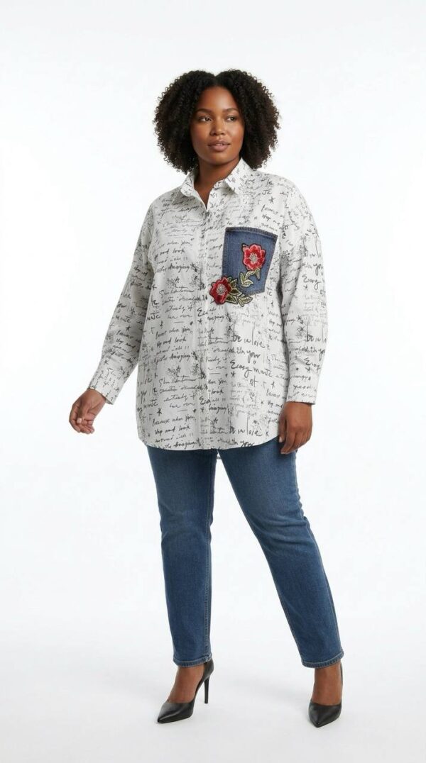 file_3535.jpg Script Print Tunic with Embroidered Denim Pocket