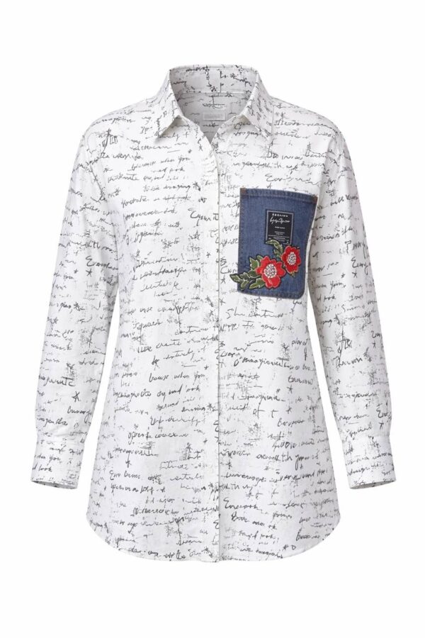 file_3536.jpg Script Print Tunic with Embroidered Denim Pocket
