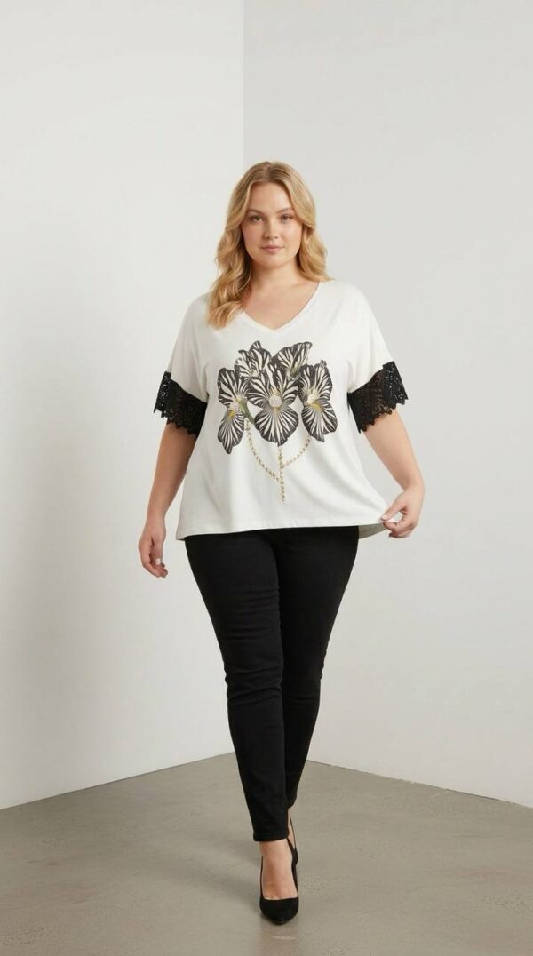 Plus Size Zebra Floral Print Top with Lace Sleeves
