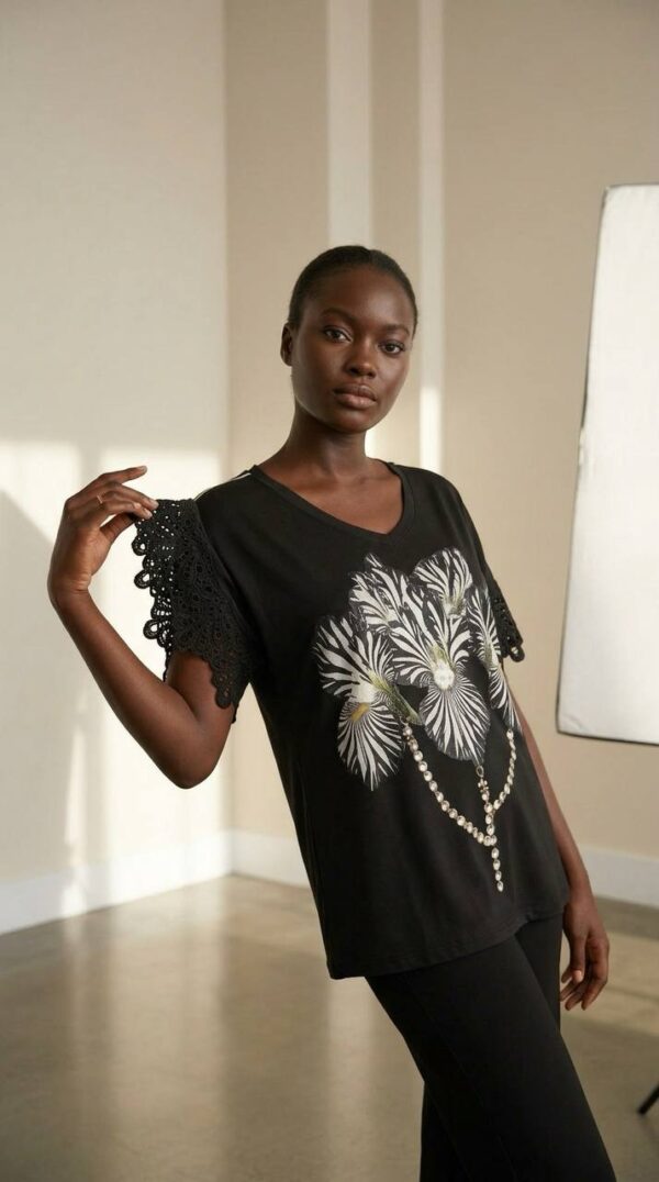 Plus Size Zebra Floral Print Top with Lace Sleeves