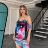 Graffiti Eye Print Cold-Shoulder Dress Set