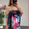 Graffiti Eye Print Cold-Shoulder Dress Set