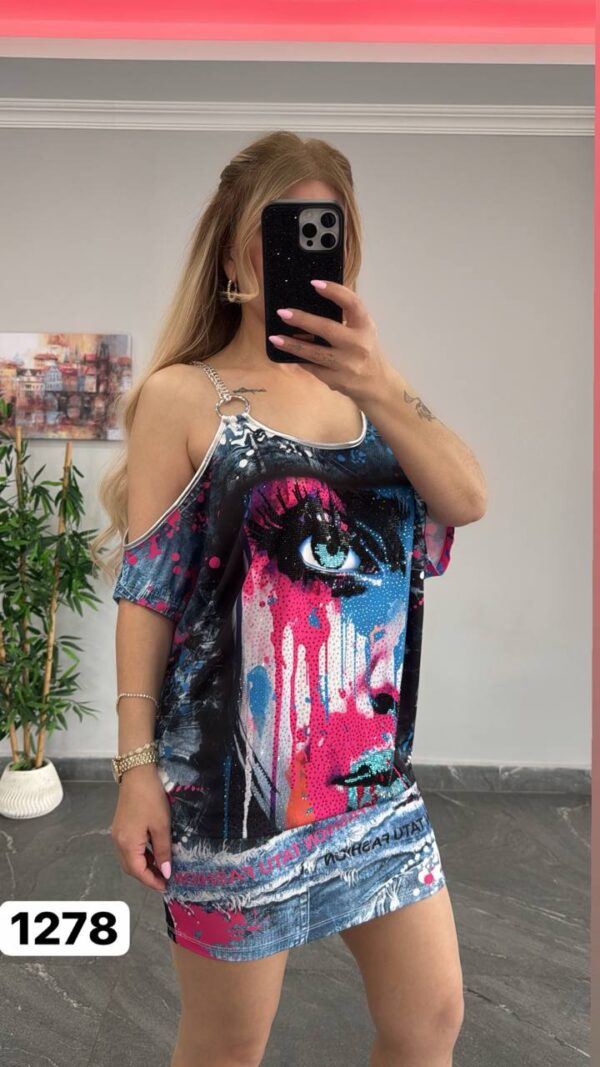 Graffiti Eye Print Cold-Shoulder Dress Set
