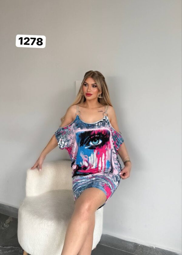 Graffiti Eye Print Cold-Shoulder Dress Set