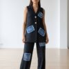 Pinstripe Sleeveless Suit with Denim Patchwork