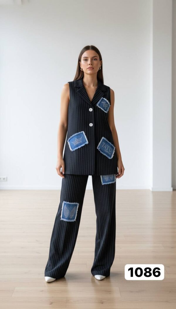 Pinstripe Sleeveless Suit with Denim Patchwork