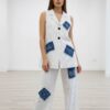 Pinstripe Sleeveless Suit with Denim Patchwork