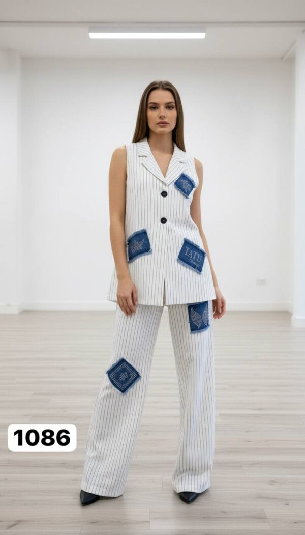 Pinstripe Sleeveless Suit with Denim Patchwork