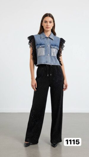 Wholesale Denim & Sequin Lace Two-Piece Pant Set