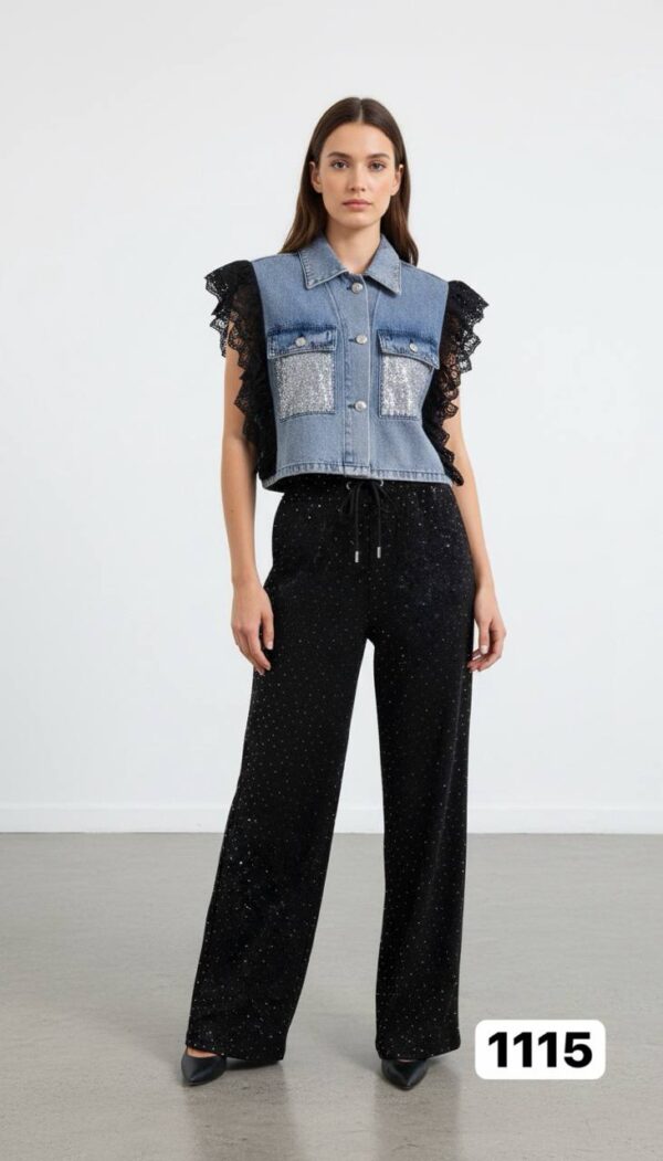 Wholesale Denim & Sequin Lace Two-Piece Pant Set