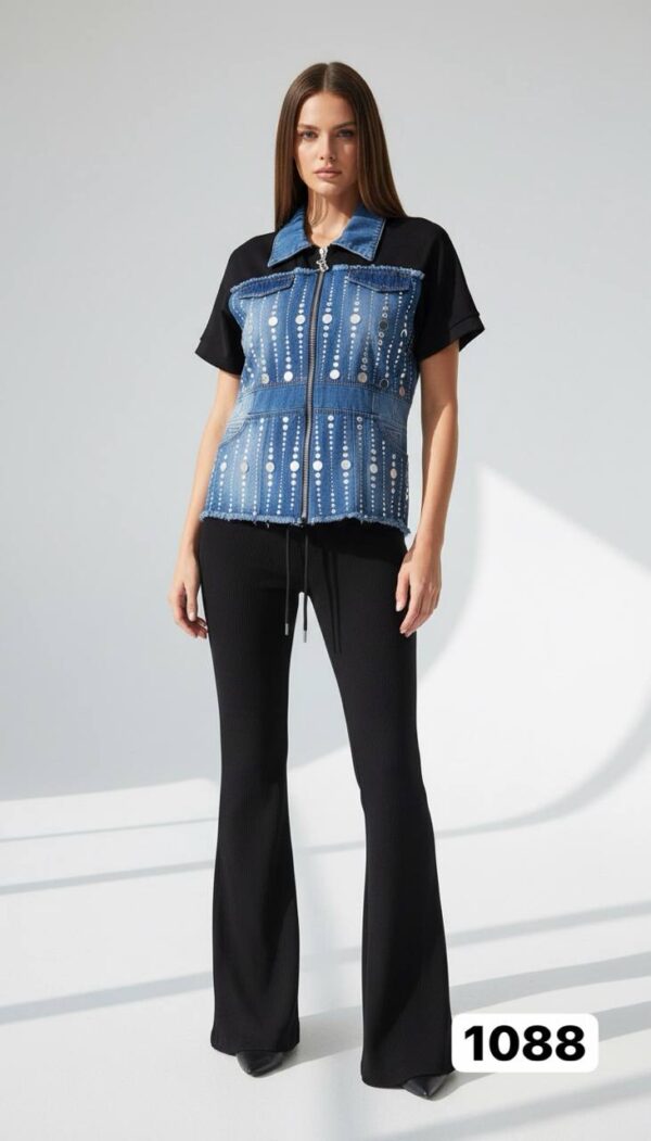 Embellished Denim & Ribbed Flare Pant Set