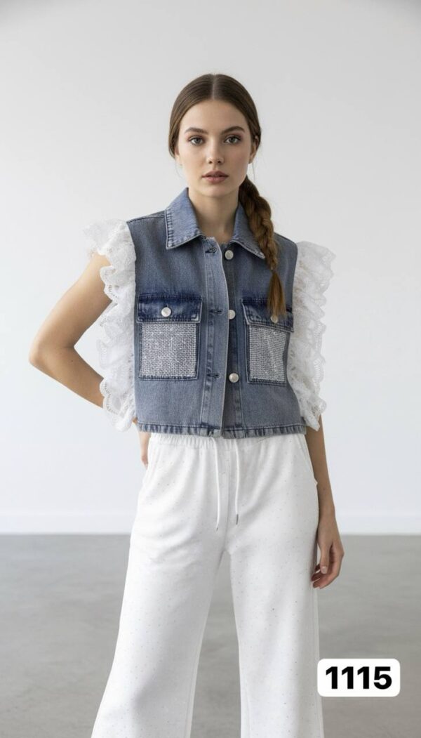 Wholesale Denim & Sequin Lace Two-Piece Pant Set