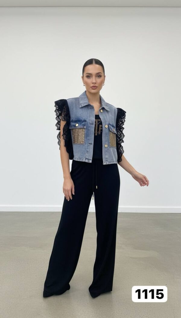 Wholesale Denim & Sequin Lace Two-Piece Pant Set