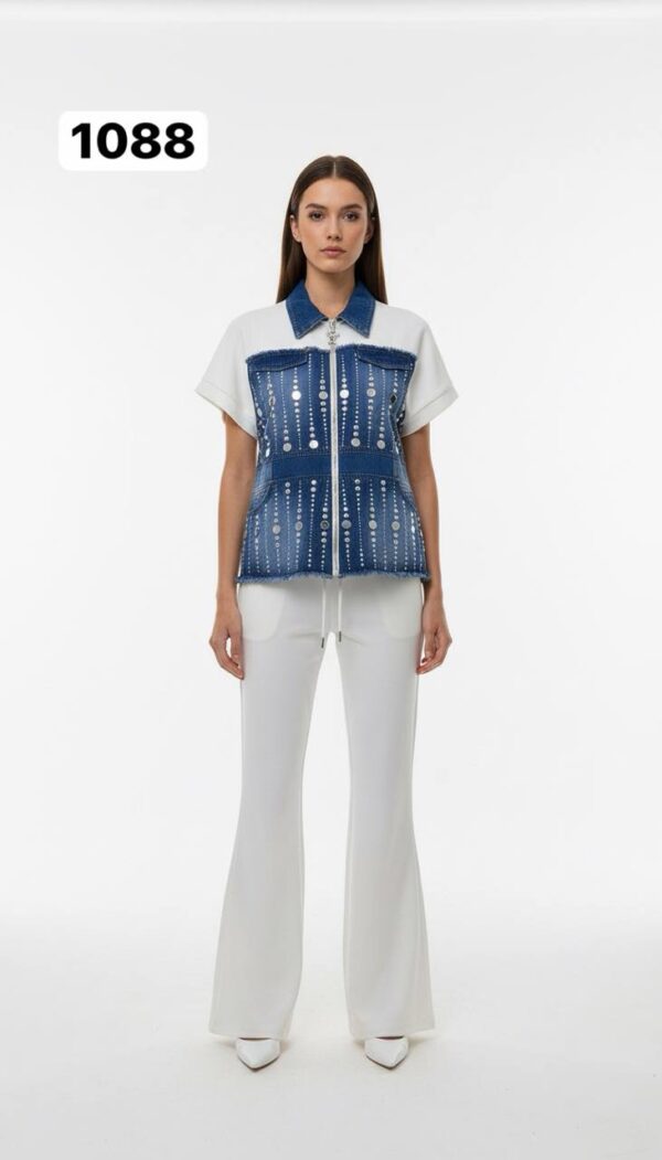 Embellished Denim & Ribbed Flare Pant Set