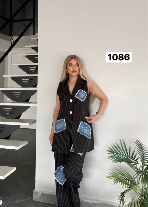 Pinstripe Sleeveless Suit with Denim Patchwork