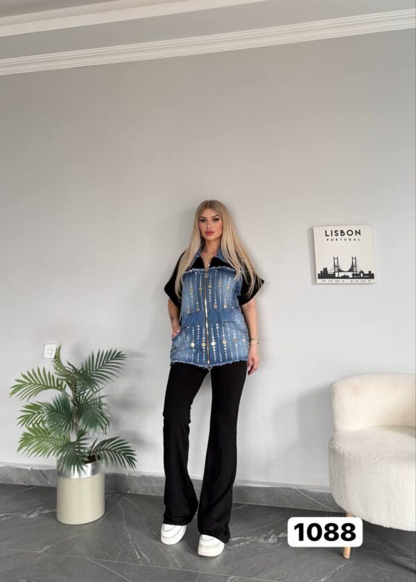 Embellished Denim & Ribbed Flare Pant Set