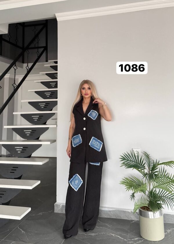 Pinstripe Sleeveless Suit with Denim Patchwork