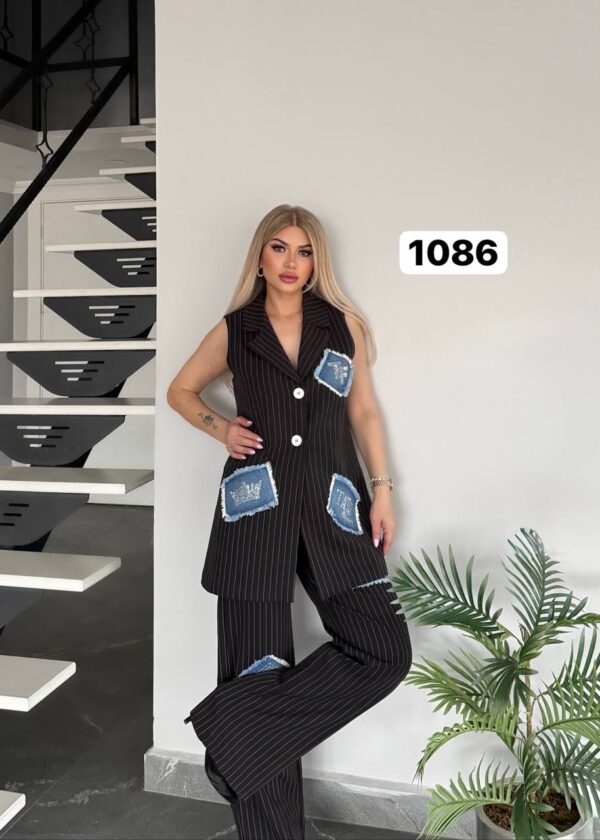 Pinstripe Sleeveless Suit with Denim Patchwork