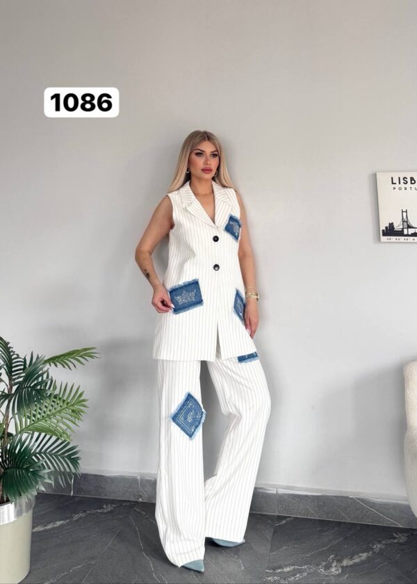 Pinstripe Sleeveless Suit with Denim Patchwork