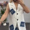 Pinstripe Sleeveless Suit with Denim Patchwork