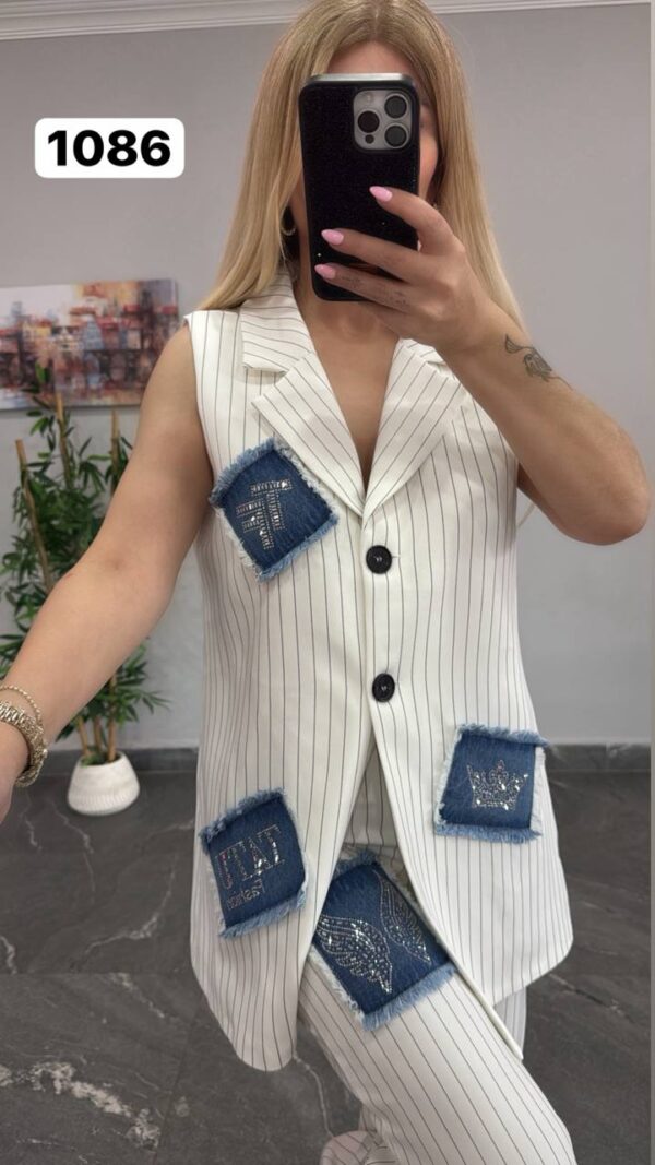 Pinstripe Sleeveless Suit with Denim Patchwork