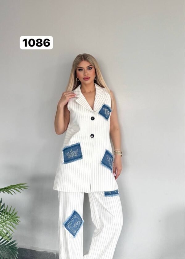 Pinstripe Sleeveless Suit with Denim Patchwork