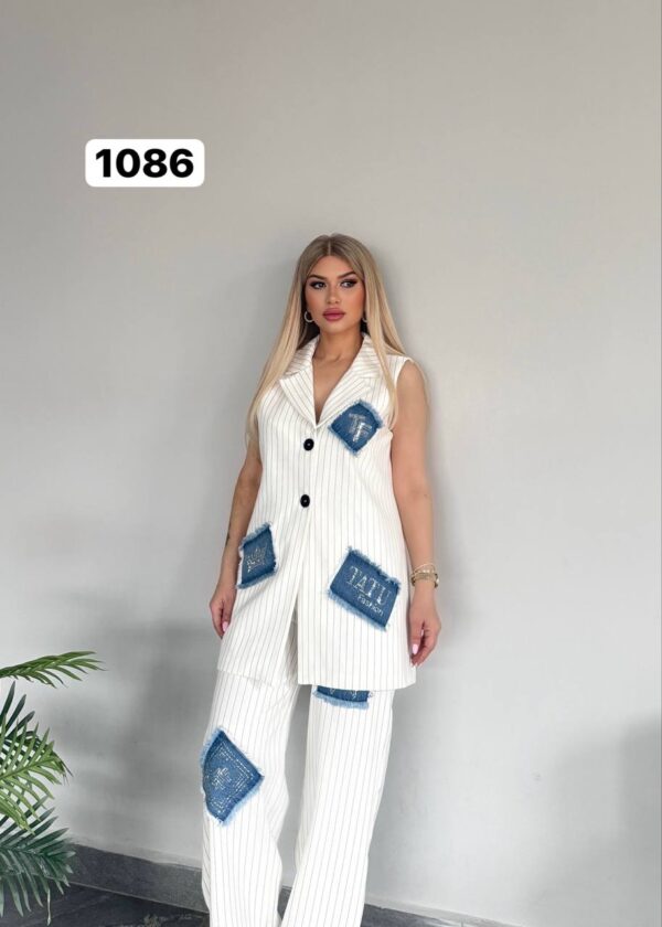 Pinstripe Sleeveless Suit with Denim Patchwork