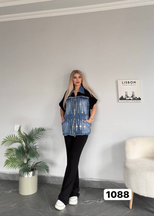 Embellished Denim & Ribbed Flare Pant Set