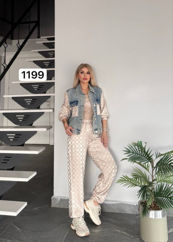 Denim & Checkered Jacquard Two-Piece Set