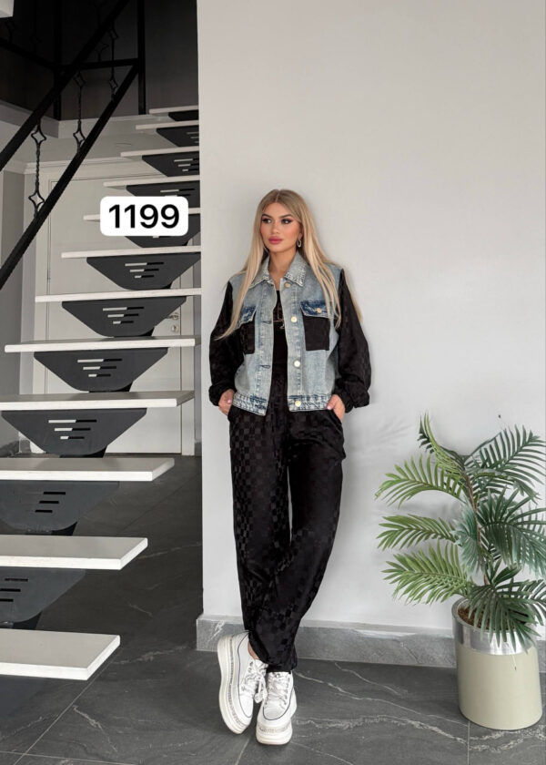 Denim & Checkered Jacquard Two-Piece Set