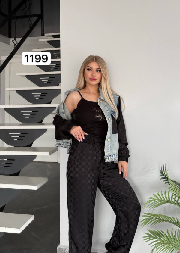 Denim & Checkered Jacquard Two-Piece Set