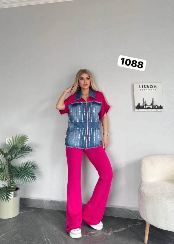 Embellished Denim & Ribbed Flare Pant Set