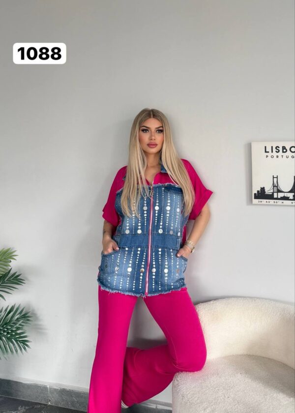 Embellished Denim & Ribbed Flare Pant Set