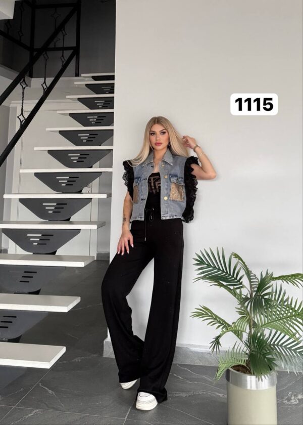 Embellished Denim Vest 3-Piece Pant Set