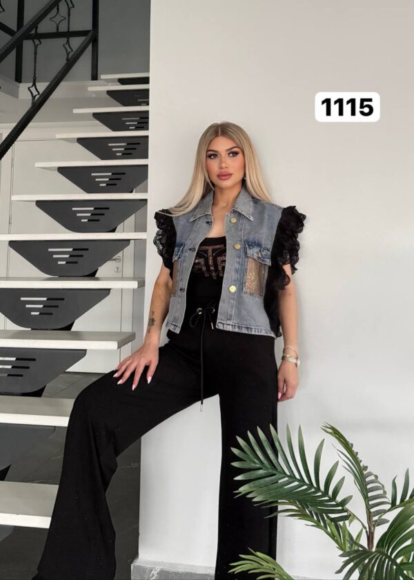 Embellished Denim Vest 3-Piece Pant Set