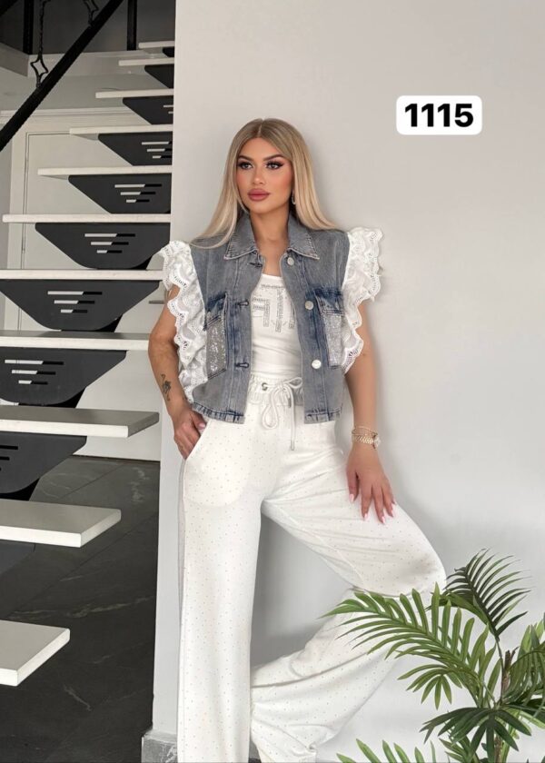 Embellished Denim Vest 3-Piece Pant Set
