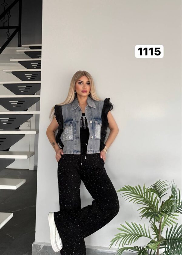 Embellished Denim Vest 3-Piece Pant Set